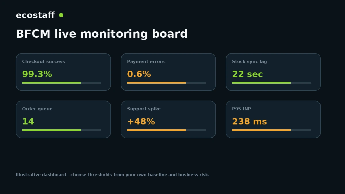 Illustrative BFCM ecommerce live monitoring dashboard with checkout, payment, inventory and performance metrics