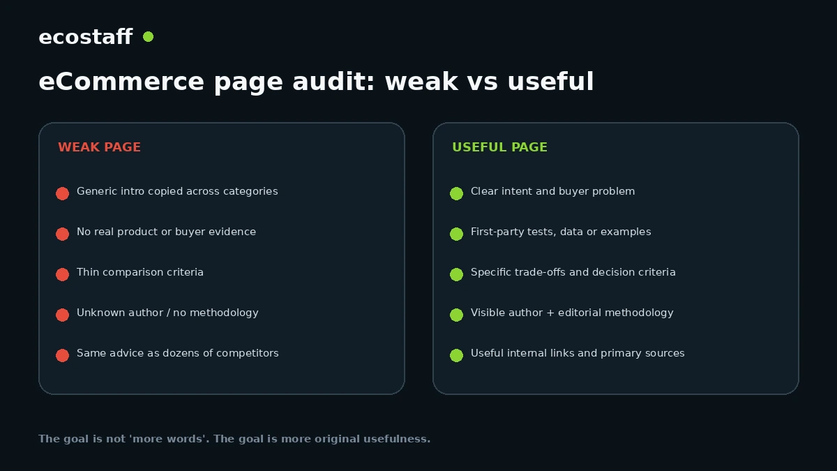 Weak versus useful ecommerce page audit after a Google core update