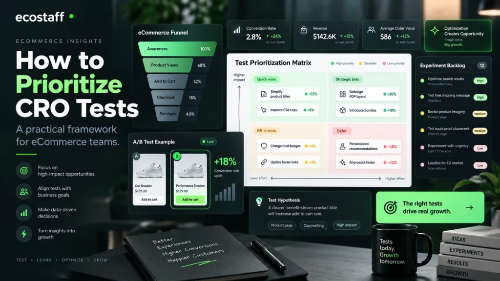 CRO test prioritization dashboard for ecommerce experimentation with funnel test matrix and backlog