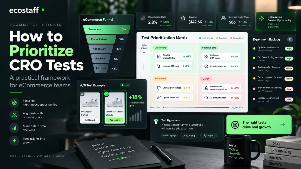 CRO test prioritization dashboard for ecommerce experimentation with funnel test matrix and backlog