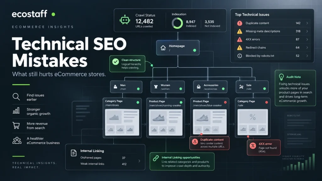 Technical SEO mistakes dashboard for ecommerce with crawl status indexation duplicate content internal links and 4xx errors