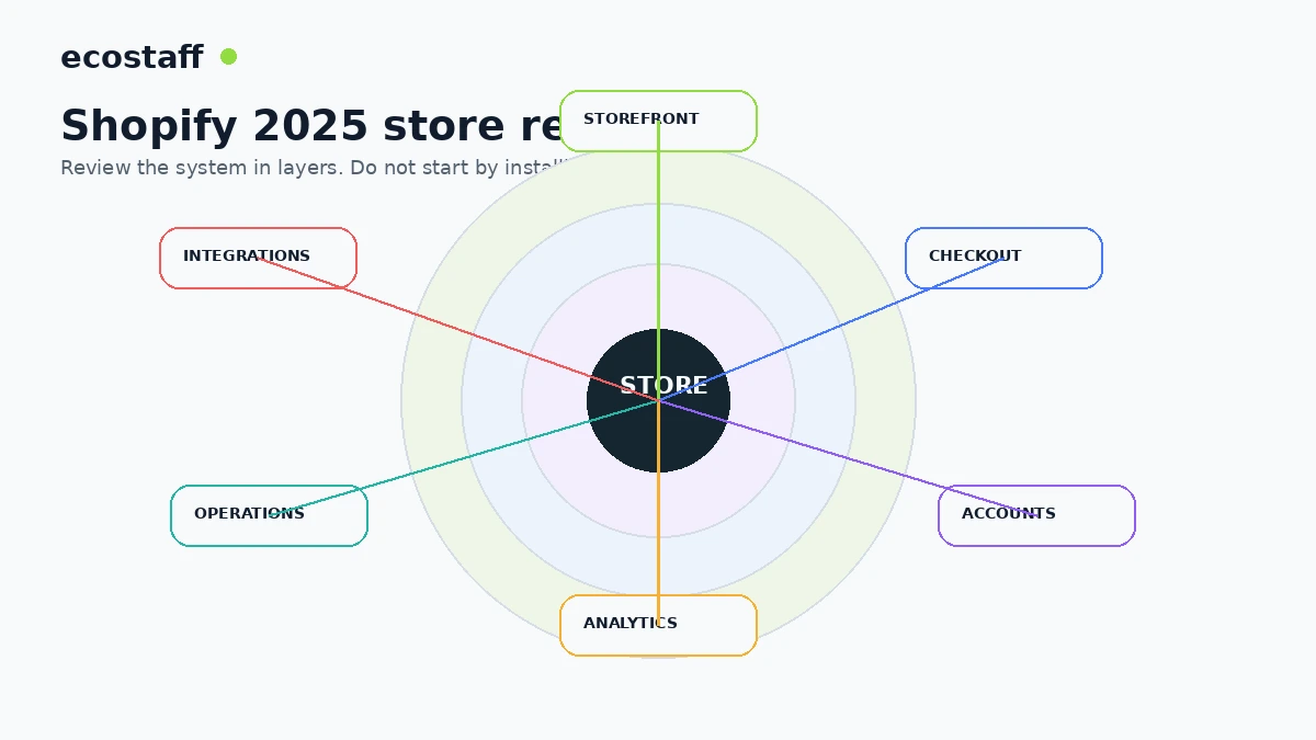 Shopify 2025 store audit showing storefront checkout accounts analytics operations and integrations