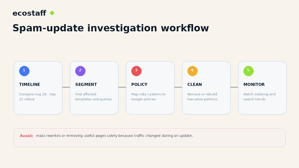 Five-step Google August 2025 spam update investigation workflow for ecommerce