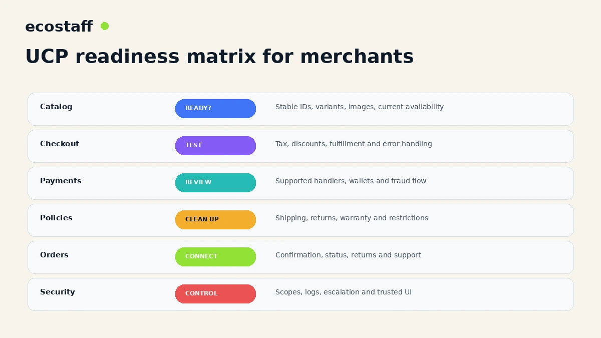 UCP merchant readiness matrix for catalog checkout payments policies orders and security