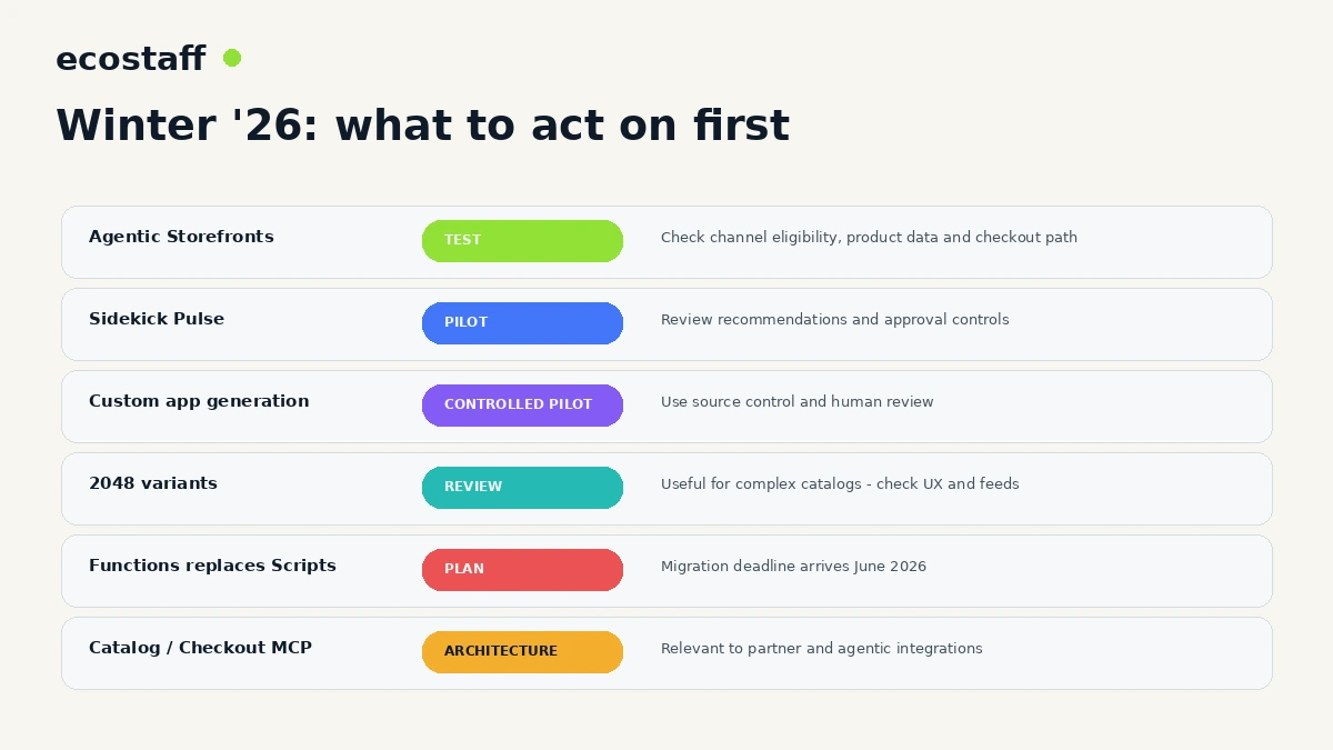 Shopify Winter 2026 action matrix for Agentic Storefronts Sidekick app generation variants Functions and MCP